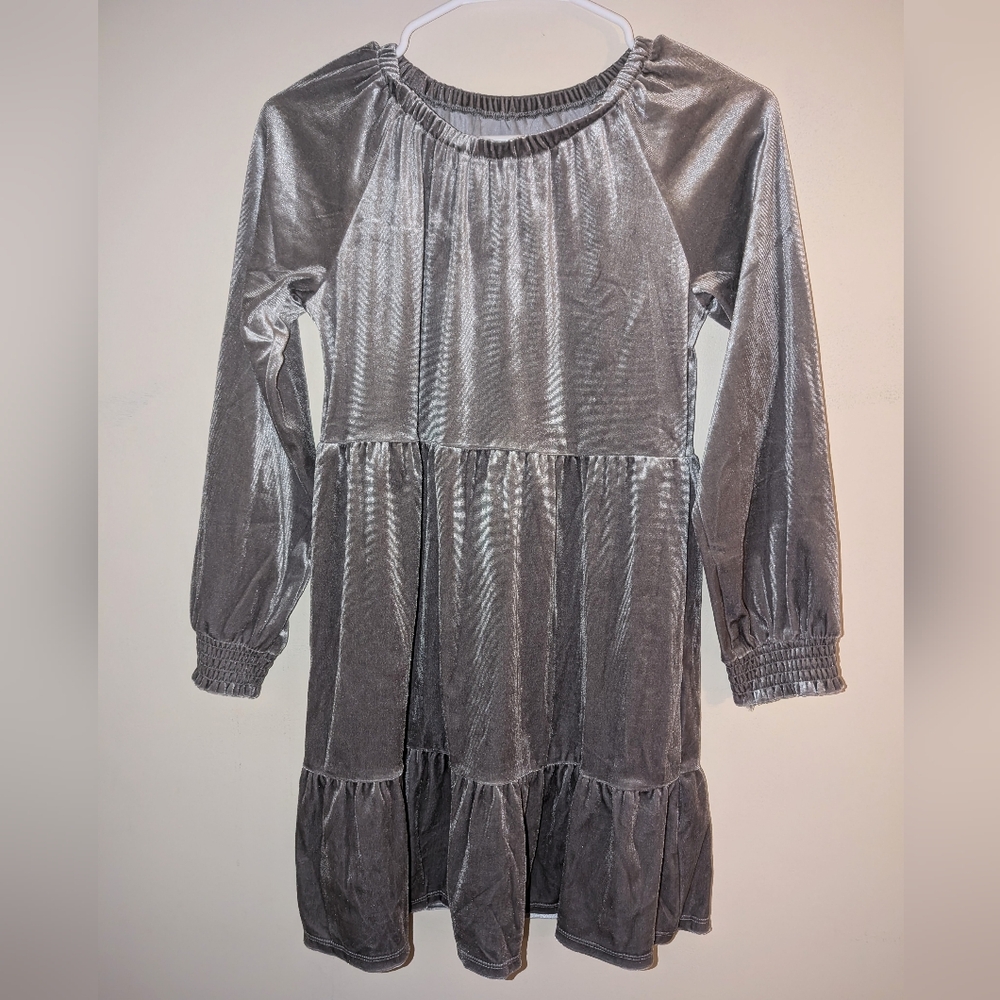 Therabouts Silver Velour Long Sleeve Dress Girls Size Large 14